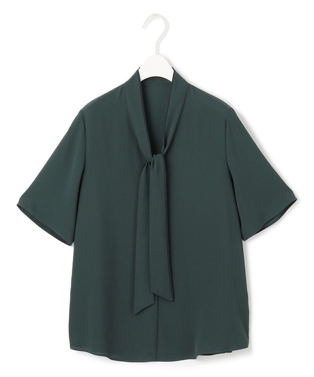 ICB L 【人気のため新色追加・接触冷感・UVケア・洗える】BackSatinAmunzen 5分袖配色ボウタイブラウス ディープパイン系