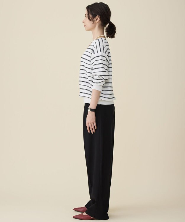 自由区 コットンポリミドルゲージボーダー ニット オフ×ブラック