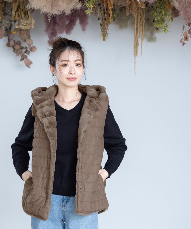 Tiaclasse 【2WAY】着回し自由のリバーシブルキルトフェイクファーベスト モカ