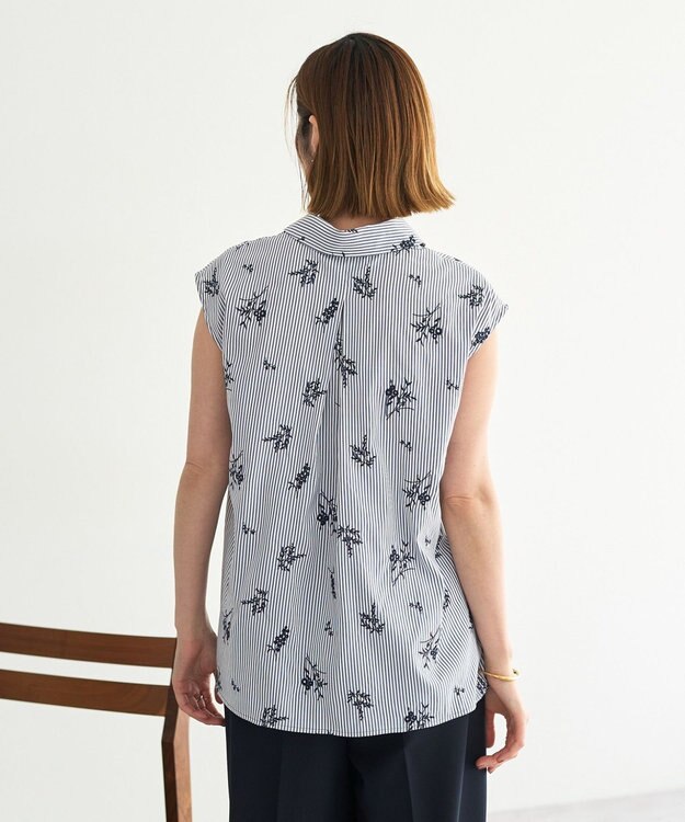 YECCA VECCA ストライプ柄フラワー刺繍シャツ Navy