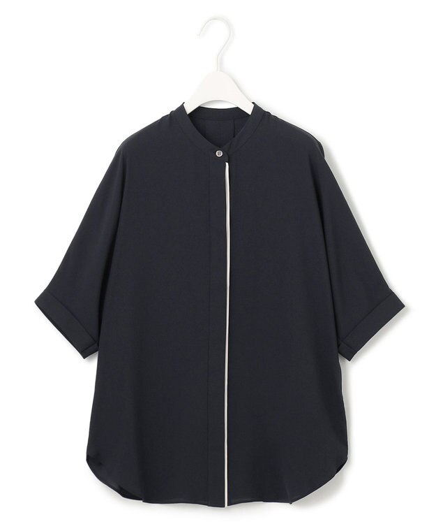 ICB 【新色追加・接触冷感・UVケア・速乾・洗える】BackSatinAmunzen 5分袖バンドカラーブラウス ブラック系