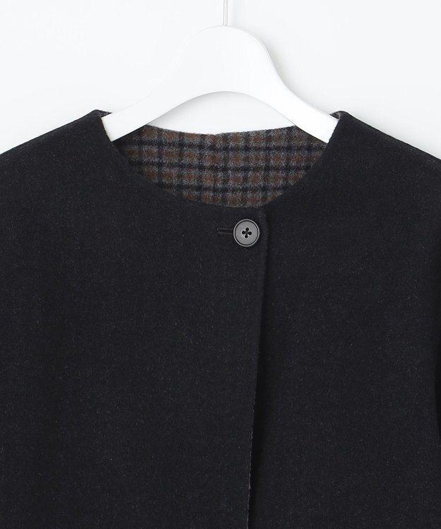 J.PRESS LADIES S 【リバーシブル】ウールナイロン リバーチェック ノーカラー ショートコート ネイビー系