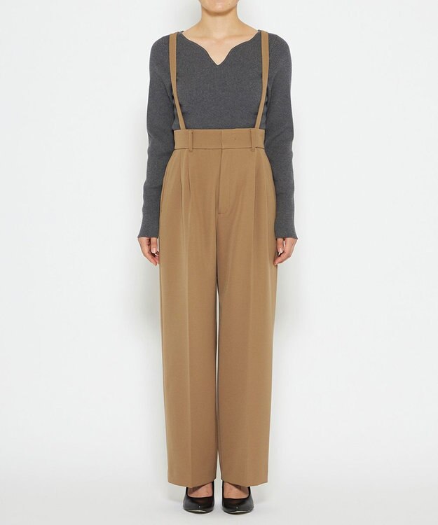 uncrave 【防しわ・UVカット・洗濯機洗い可】バルキーツイル ワイドパンツ(サスペンダー付き)（uncrave STANDARD） キャメル