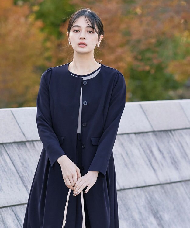 Tiaclasse 【ダブルストレッチ・洗える】ノーカラーAラインコート ネイビー