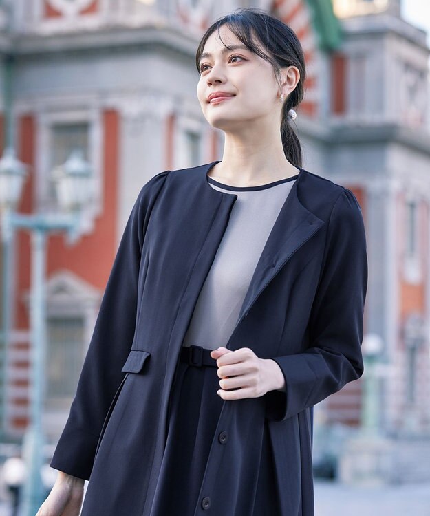 Tiaclasse 【ダブルストレッチ・洗える】ノーカラーAラインコート ネイビー