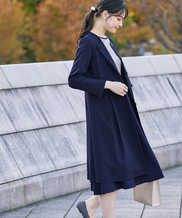 Tiaclasse 【ダブルストレッチ・洗える】ノーカラーAラインコート ネイビー