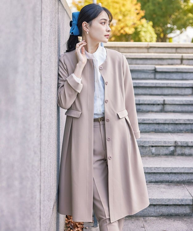 Tiaclasse 【ダブルストレッチ・洗える】ノーカラーAラインコート グレージュ