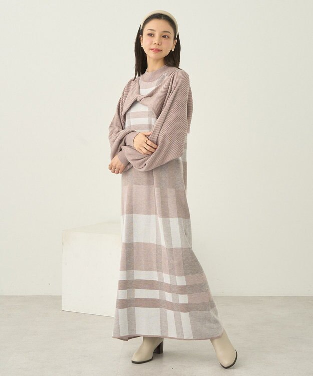 earth music&ecology Ｓｅｔ２点ショートニット＋チェックワンピース Beige