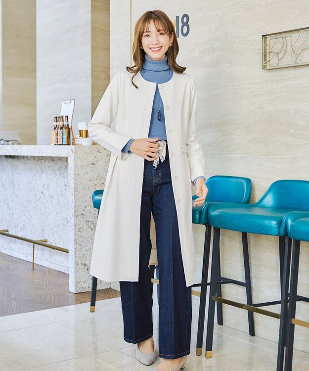 Tiaclasse 【ダブルストレッチ・洗える】ノーカラーAラインコート アイボリー