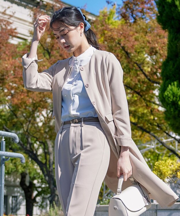 Tiaclasse L 【ダブルストレッチ】【洗える】ノーカラーAラインコート グレージュ