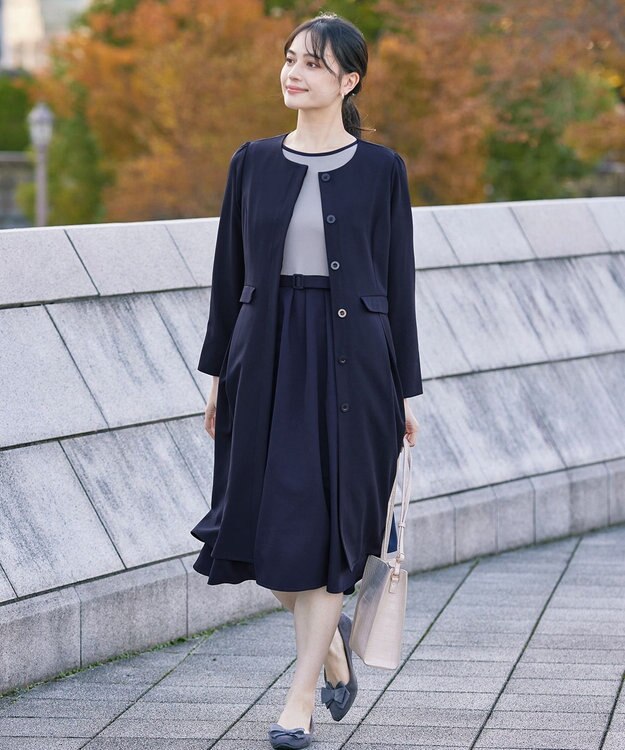 Tiaclasse 【ダブルストレッチ・洗える】ノーカラーAラインコート ネイビー