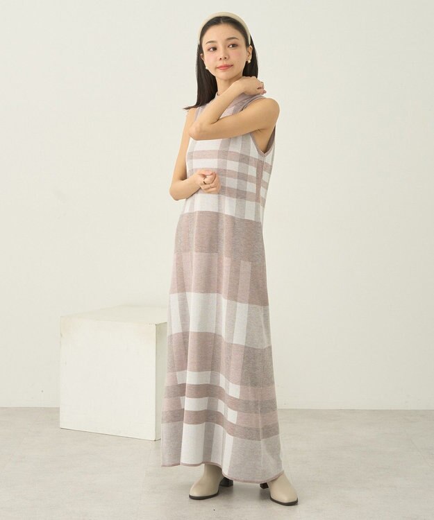 earth music&ecology Ｓｅｔ２点ショートニット＋チェックワンピース Beige