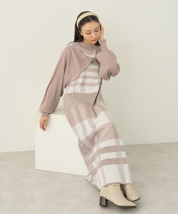 earth music&ecology Ｓｅｔ２点ショートニット＋チェックワンピース Beige