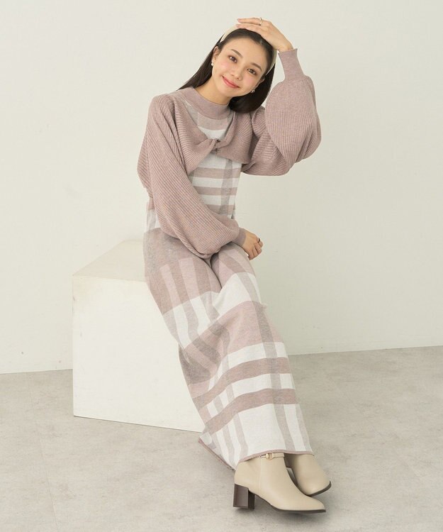 earth music&ecology Ｓｅｔ２点ショートニット＋チェックワンピース Beige