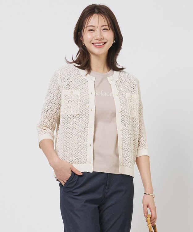 J.PRESS LADIES L LINEN COTTON BLEND ニット カーディガン アイボリー系