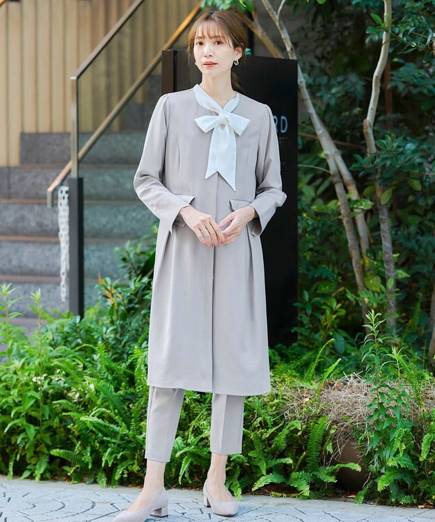 Tiaclasse 【ダブルストレッチ・洗える】ノーカラーAラインコート グレー