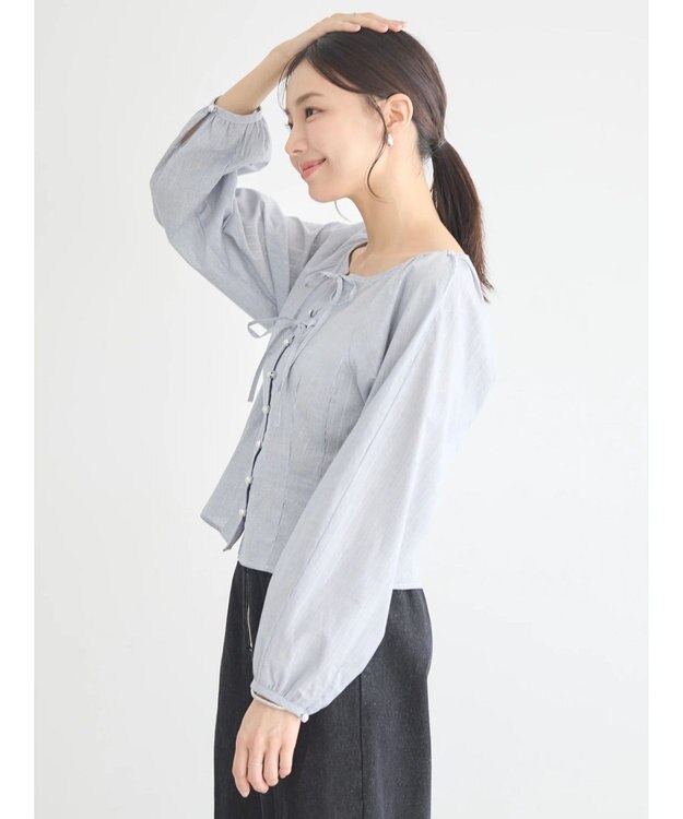 earth music&ecology フロントリボンブラウス Stripe Navy