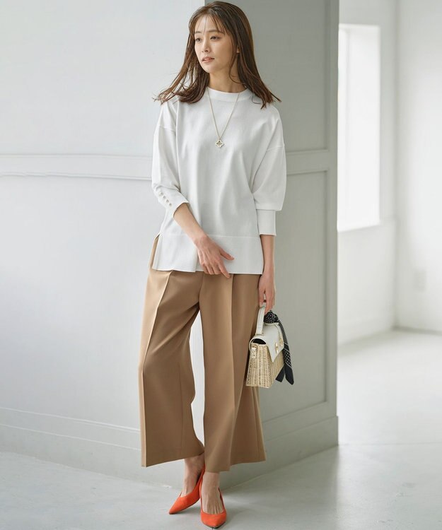 組曲 【美シルエット・ストレッチ・シワになりにくい】オシャクロス ガウチョパンツ ベージュ系