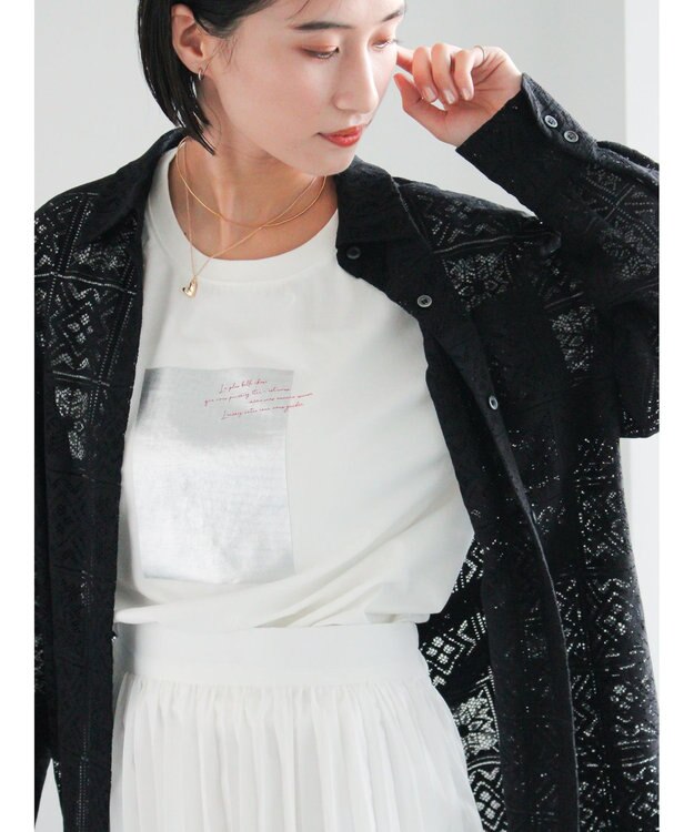 Te chichi 箔プリントロングTシャツ オフホワイト