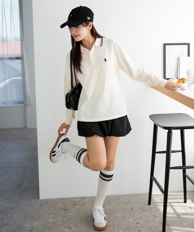 WEGO 【25年秋冬新作/ユニセックスITEM/SMLサイズ展開】別注USPOLOラインポロシャツ（長袖） ホワイトアイボリー