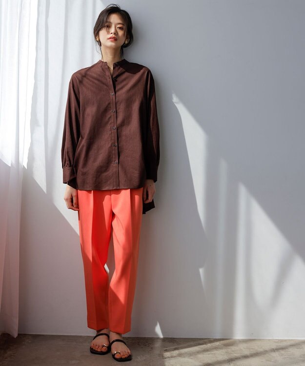 UNFILO 【GISELe 6月号掲載/洗える】リネンレーヨンバンドカラーシャツ ブラウン