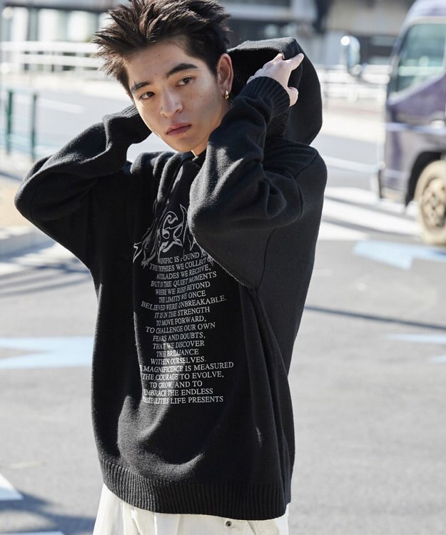 WEGO グラフィックプリントニットパーカー ブラック