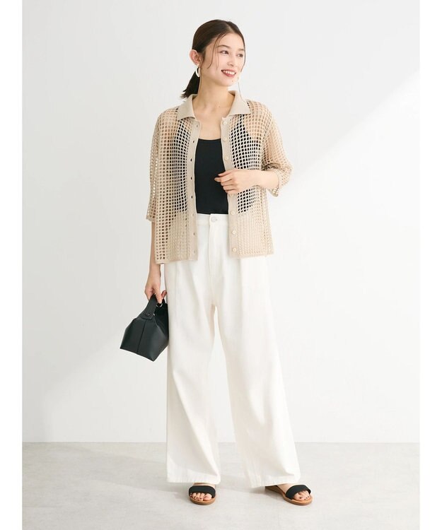 Green Parks メッシュ編み襟付きカーディガン Ecru