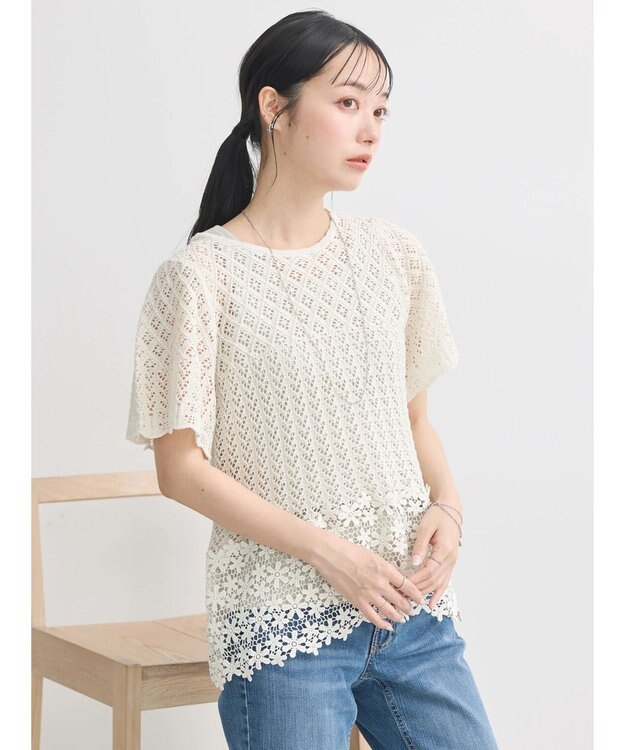 earth music&ecology 裾レース透かしニットプルオーバー Ivory