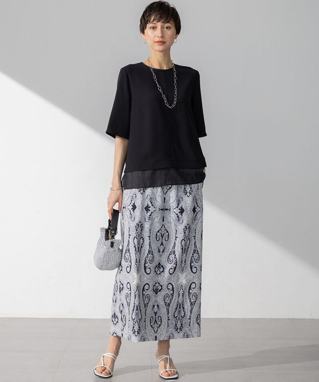 23区 【吸水速乾/UVカット/接触冷感】ストレッチジョーゼット シアーコンビ カットソー ブラック系