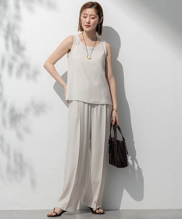 23区 【接触冷感/UVカット/吸水速乾】ストレッチジョーゼット ワイド パンツ ベージュ系