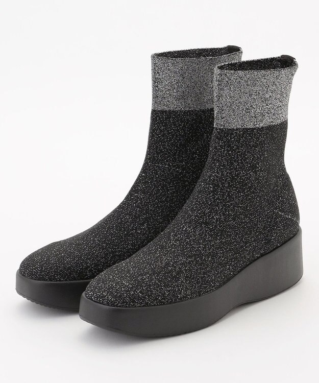 steppi 【防水/洗える】プラットフォーム ストレッチブーツ ブラック×シルバーラメ