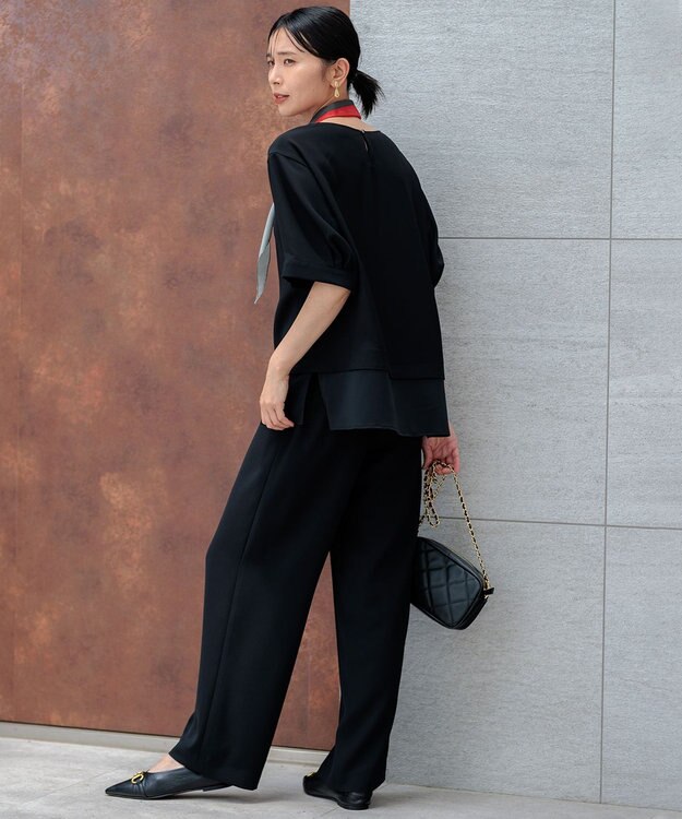 23区 【新色追加/洗える】ストレッチジョーゼット ワイドパンツ ブラック系