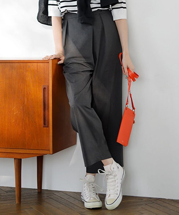 J.PRESS LADIES 【洗える】ストレッチタイプライター ラップディテール ワイド パンツ チャコール系