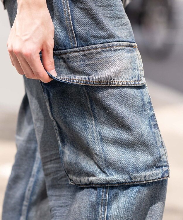 WEGO ローライズバギーフレアデニムカーゴパンツ デニム淡加工色