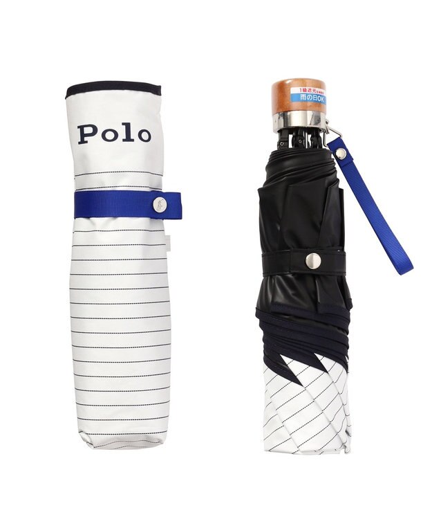 MOONBAT POLO RALPH LAUREN 晴雨兼用日傘 折りたたみ傘 ボーダー×パイピング／一級遮光 遮熱 UV オフホワイト