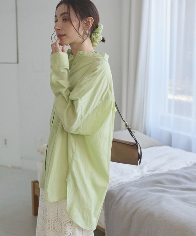 WEGO 着丈が選べる オーバーサイズ バンドカラー シャツ / ストライプ / 無地 ライム