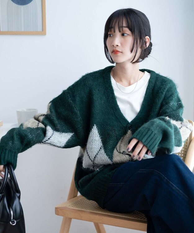 WEGO モヘアライク総柄BIGカーディガン 柄1