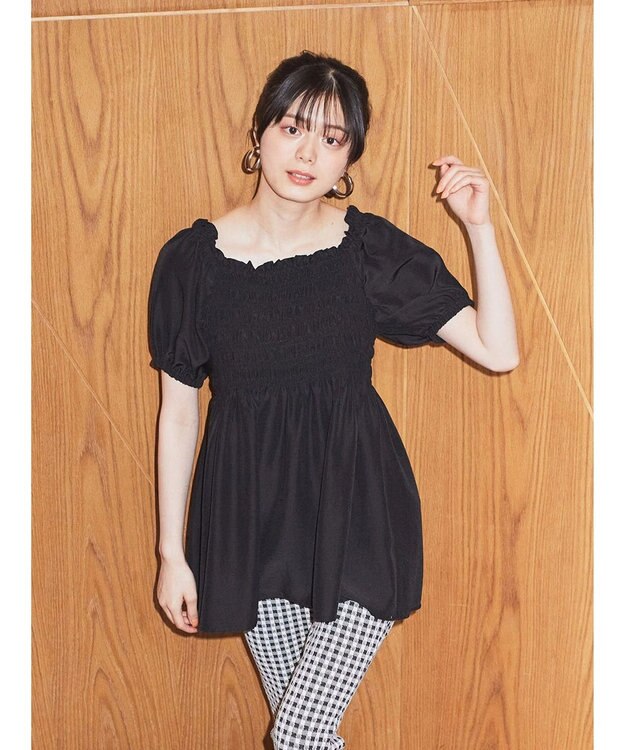 earth music&ecology ２ｗａｙショルダーシャーリングチュニック Black