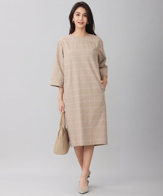 自由区 L 【洗える】ウィンドウペーンチェック ワンピース ベージュ系