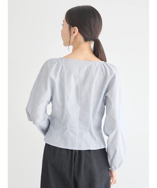 earth music&ecology フロントリボンブラウス Stripe Navy