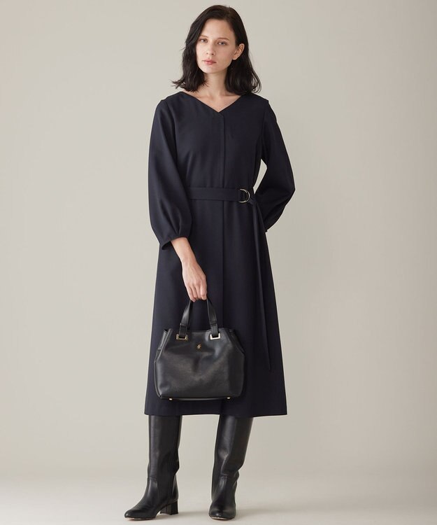 自由区 S 【洗える】ウールミックスストレッチツイル ワンピース ネイビー系