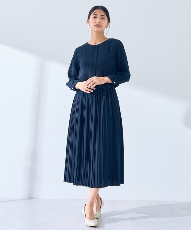 YECCA VECCA ジョーゼットプリーツワンピース Navy