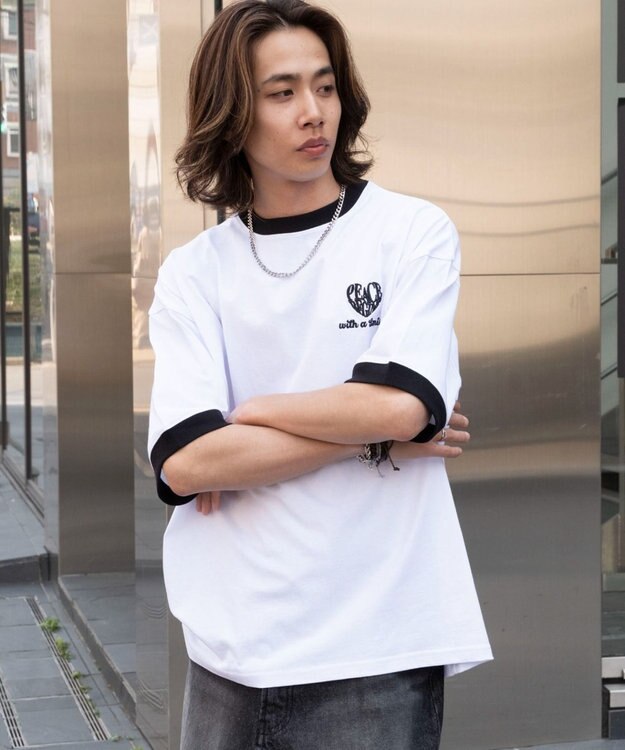 WEGO 【ユニセックス着用ITEM/MLサイズ展開】アクセ付きリンガーグラフィックT（SS） ホワイト