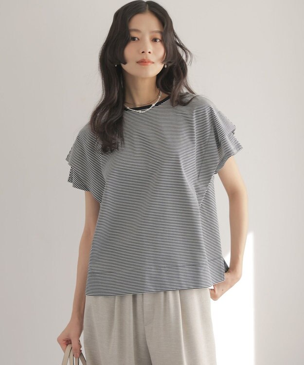 組曲 L GIZAコットンドルマンスリーブ Tシャツ ネイビー×オフ系2