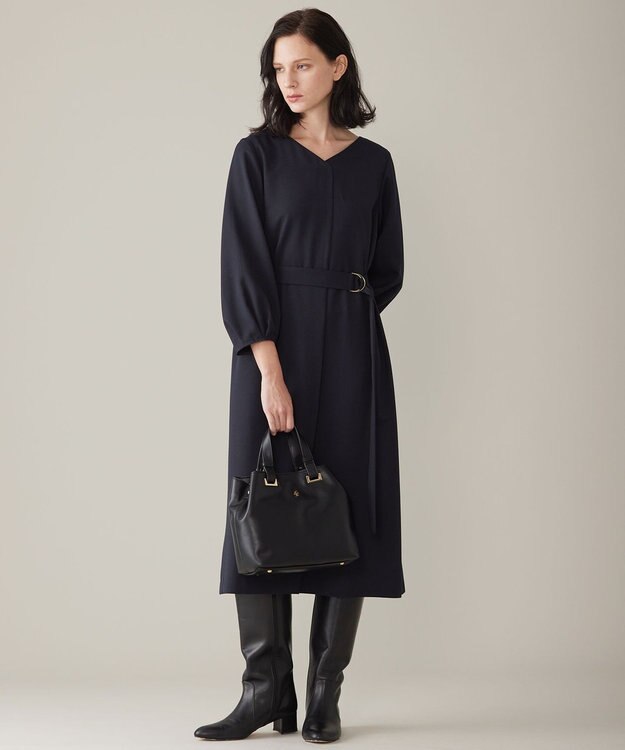 自由区 S 【洗える】ウールミックスストレッチツイル ワンピース ネイビー系