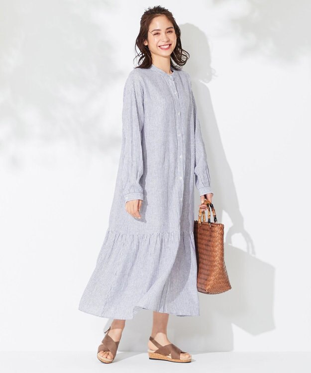 ANY 【洗える】ライトリネンクロス ワンピース ブルーストライプ