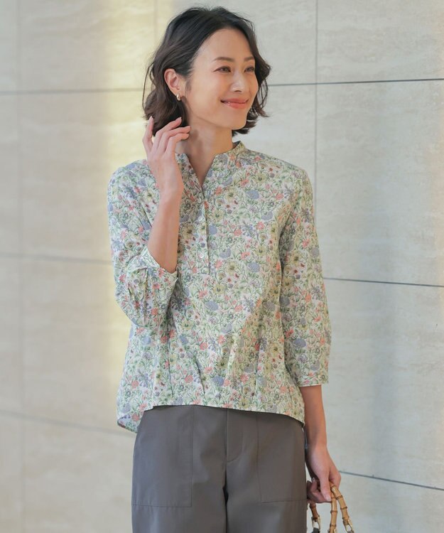 J.PRESS LADIES L 【一枚で着映え】Liberty Rachel & Michelle バンドカラー ブラウス コーラル系