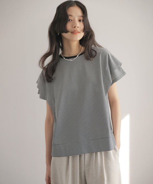 組曲 S GIZAコットンドルマンスリーブ Tシャツ ネイビー×オフ系2