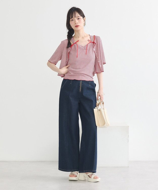 earth music&ecology ＳＥＴ２点ギンガムメロ－カーデ＋リボンタンク Red