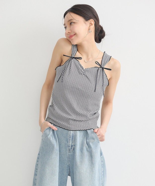 earth music&ecology ＳＥＴ２点ギンガムメロ－カーデ＋リボンタンク Black